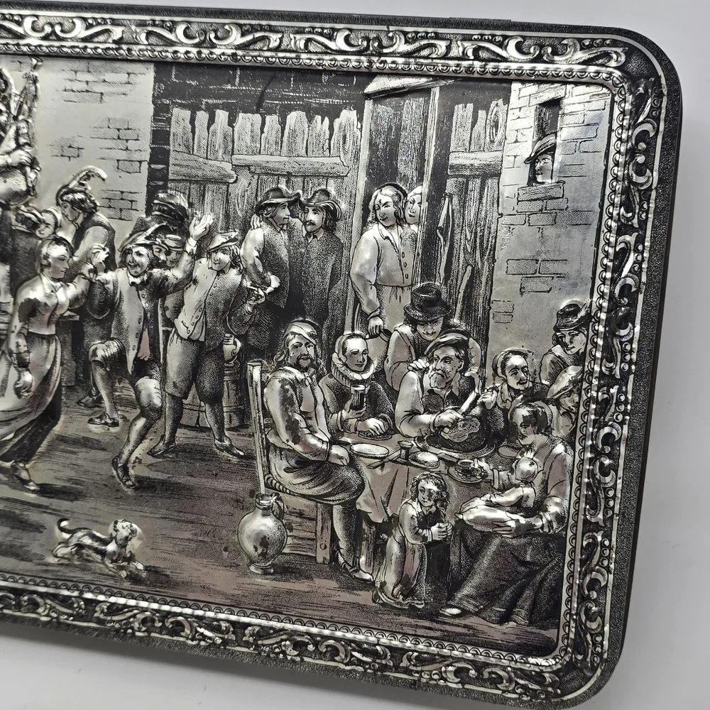 Vtg Teniers 3D tin box dancing socializing florentine biscuit‎ cookie box